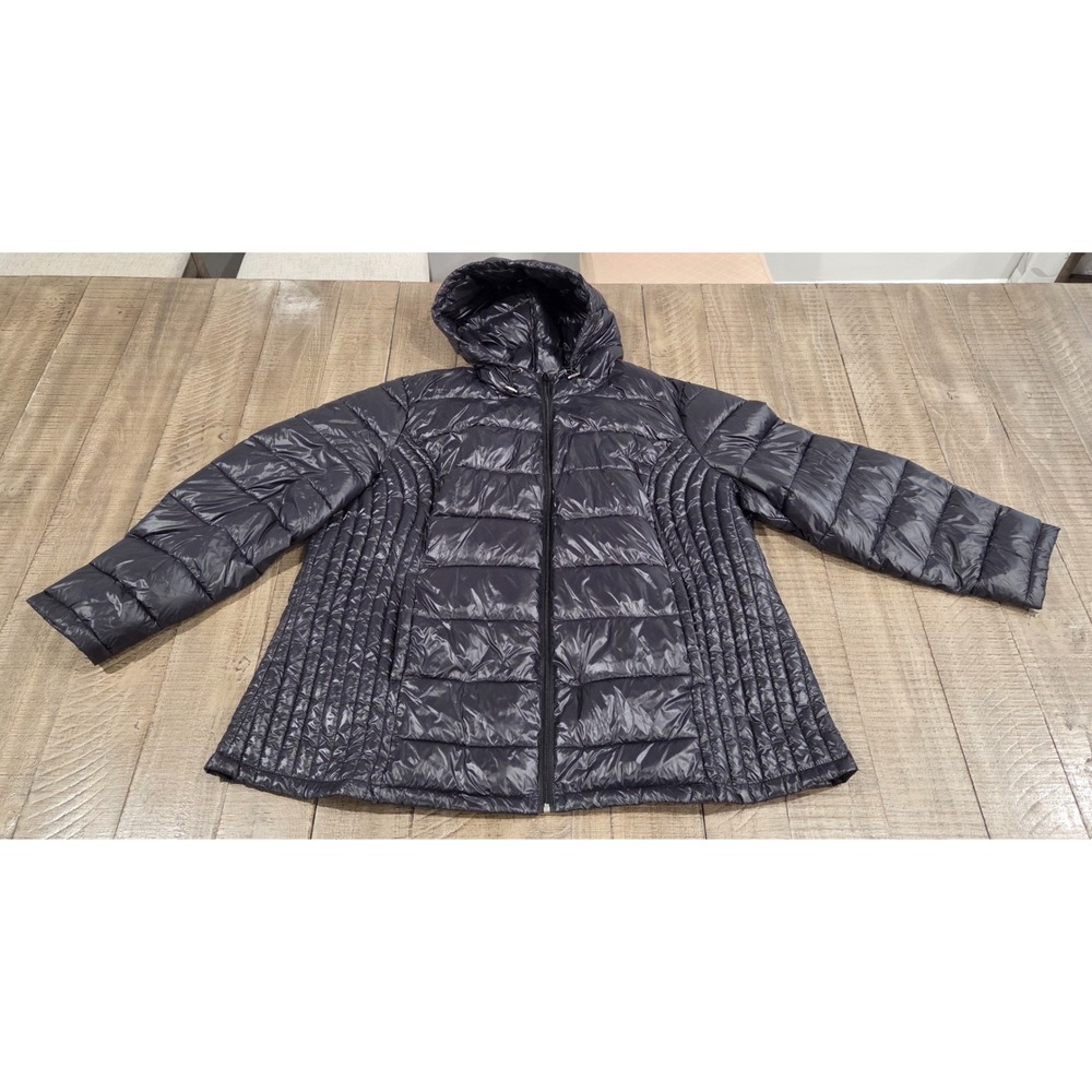 Woman Within Packable Black Puffer Jacket 2XL Plus Hooded Lightweight 29-1533-8 - Picture 5 of 9